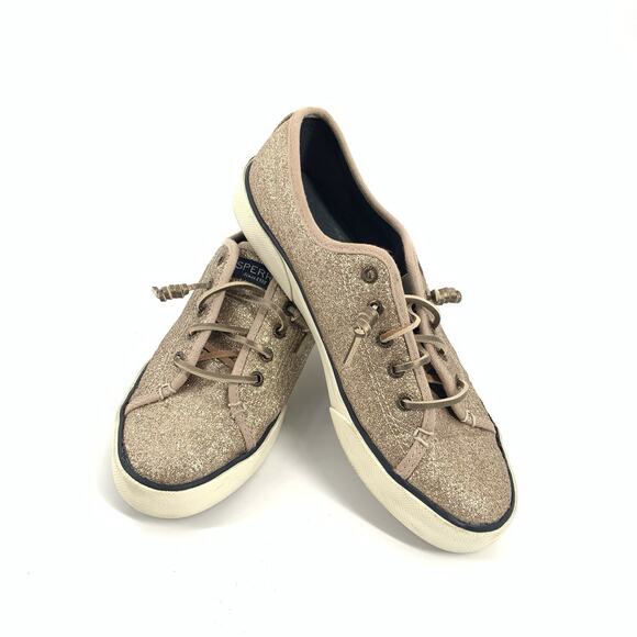 Sperry Top Sider Glitter Covered Sneakers Size 8 Womens Gold Slip On Canvas - Picture 1 of 8